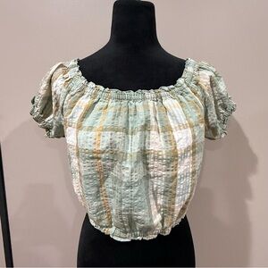 American Eagle Outfitters Green Plaid Smocked Off-The-Shoulder Crop Peasant Top